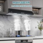 30 Inch Range Hood Under Cabinet Convertible Ducted/Ductless - 550CFM 3-Speed Black Kitchen Vent Hood with Touch Control, 2 LED Lights, 6-Layer Stainless Steel Grease Filters & Charcoal Filter