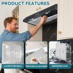 30 Inch Range Hood Under Cabinet Convertible Ducted/Ductless - 550CFM 3-Speed Black Kitchen Vent Hood with Touch Control, 2 LED Lights, 6-Layer Stainless Steel Grease Filters & Charcoal Filter