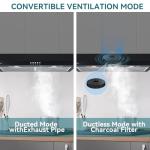 30 Inch Range Hood Under Cabinet Convertible Ducted/Ductless - 550CFM 3-Speed Black Kitchen Vent Hood with Touch Control, 2 LED Lights, 6-Layer Stainless Steel Grease Filters & Charcoal Filter