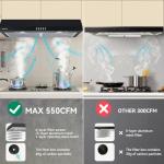 30 Inch Range Hood Under Cabinet Convertible Ducted/Ductless - 550CFM 3-Speed Black Kitchen Vent Hood with Touch Control, 2 LED Lights, 6-Layer Stainless Steel Grease Filters & Charcoal Filter