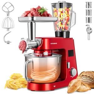 VIVOHOME 9 in 1 Multifunctional Stand Mixer with Fermentation, 6 Speed 7.5 Quart Kitchen Electric Food Mixer with Timer, Meat Grinder, Juice Blender, Vegetable Slicer, Pasta and Cookie Maker, Red