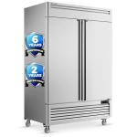 Coolski 54"W Commercial Freezer, -13℉ ~-5℉, 49 Cu.Ft 2 Door Reach-In Stainless Steel Upright Freezer for Restaurant, Cafe, Shop, Business, 8 Adjustable Shelves