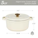 Overmont Enameled Cast Iron Dutch Oven - 5QT Pot with Lid Cookbook & Cotton Potholders - Heavy-Duty Cookware for Braising, Stews, Roasting, Bread Baking Cream white