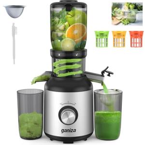 Ganiza Cold Press Juicer, 4.3" Compact Space-Saving Design Juicer Machine with 3 Replaceable Filters, One-Touch & Ultra-Quiet Operation, BPA-Free Easy to Clean, Silver