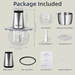 Electric Food Processor Vegetable Chopper, Kitchen Aid Easy Clean Meat Grinder with 2 Bowls (8 Cup Stainless Steel+8 Cup Glass), Small Food Mixer for Fruits/Meat/Nuts/Fish/Vegetable/Pet Food/Baby Food