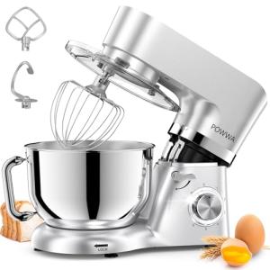 Stand Mixer, POWWA 7.5 Quart Electric Mixer, 6+1 Speed 660W Tilt-Head Kitchen Food Mixers with Whisk, Dough Hook, Mixing Beater & Splash Guard for Baking, Cake, Cookie (Silver-with Handle)