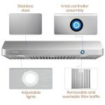 EKON 42 inches Under Cabinet Range Hood, 900 CFM Stainless Steel Kitchen Chimney Vent, 4 Speed Touch Screen Control With Remote 2Pcs 3W LED Knob Control