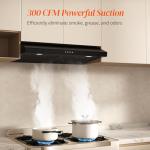 FIREGAS Black Range Hood 30 Inch Under Cabinet, Ducted/Ductless Convertible Kitchen Hood, 300 CFM, 3 Speed Exhaust Fan, Brushless DC Motor, Stove Hood Vents for Kitchen with LED Lights