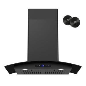 FIREGAS Range Hood 30 inch, 600 CFM Wall Mount Glass Kitchen Hood Ducted/Ductless Convertible with 3-Speed Fan, Screen Control, Time Setting, LED Lights, Black Painted Stainless Steel Vent Hood