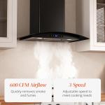 FIREGAS Range Hood 30 inch, 600 CFM Wall Mount Glass Kitchen Hood Ducted/Ductless Convertible with 3-Speed Fan, Screen Control, Time Setting, LED Lights, Black Painted Stainless Steel Vent Hood