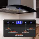 FIREGAS Range Hood 30 inch, 600 CFM Wall Mount Glass Kitchen Hood Ducted/Ductless Convertible with 3-Speed Fan, Screen Control, Time Setting, LED Lights, Black Painted Stainless Steel Vent Hood