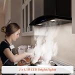 FIREGAS Range Hood 30 inch, 600 CFM Wall Mount Glass Kitchen Hood Ducted/Ductless Convertible with 3-Speed Fan, Screen Control, Time Setting, LED Lights, Black Painted Stainless Steel Vent Hood