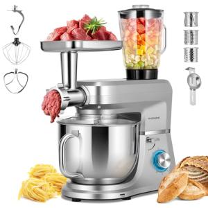 VIVOHOME 6-in-1 Stand Mixer, 8.5 Quart Electric Tilt-Head Kitchen Mixer with Bowl, Multifunctional Food Mixer for Cake, Bread, and Dough, with Meat Grinder, Blender, Pasta Maker Attachments, Silver