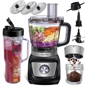 Food Processor Blender Combo, 3-1 Countertop Blender with 8cup Processor Bowl, Grinder,24oz To-Go Lid Cup, 1000W Blenders for Kitchen with Smoothies/Shakes/Mixing/Shredding/Slicing/Chop cheese/Dough