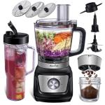 Food Processor Blender Combo, 3-1 Countertop Blender with 8cup Processor Bowl, Grinder,24oz To-Go Lid Cup, 1000W Blenders for Kitchen with Smoothies/Shakes/Mixing/Shredding/Slicing/Chop cheese/Dough