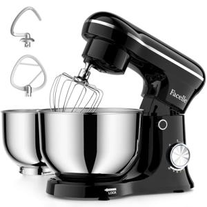 Tilt-Head Stand Mixer, 5QT+6QT Stainless Steel Two Bowls, 10 Speeds Kitchen Electric Food Mixer with Egg Whisk, Dough Hook, Beater, Dishwasher-Safe Attachment, Ideal Gift for Mom (Black)