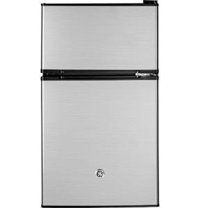 GE Mini Fridge With Freezer | 3.1 Cubic Ft. | Double-Door Design With Glass Shelves, Crisper Drawer & Spacious Freezer | Small Refrigerator Perfect for the Garage, Dorm Room, or Bedroom | Clean Steel