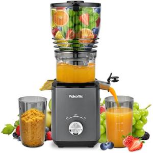 Pukomc Cold Press Juicer, 5.8-inch wide feed chute for whole fruits and vegetables - 1.8L Capacity 300W Cold Press Juicer with slow grinding juicing, includes cleaning brush and juicing cup, grey