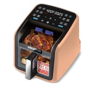 Gourmia Air Fryer 7 QT - Easy View Panoramic Window & Interior Light, Guided Cooking with 12 One-Touch Presets, FryForce 360, Dishwasher Safe Accessories, Peach