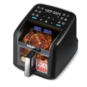 Gourmia Air Fryer 7 QT - Easy View Panoramic Window & Interior Light, Guided Cooking with 12 One-Touch Presets, FryForce 360, Dishwasher Safe Accessories, Black