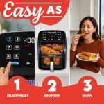 Gourmia Air Fryer 7 QT - Easy View Panoramic Window & Interior Light, Guided Cooking with 12 One-Touch Presets, FryForce 360, Dishwasher Safe Accessories, Black