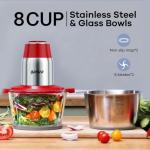 GANIZA Food Processors, Electric Food Chopper with Meat Grinder & Vegetable Chopper - 2 Bowls (8 Cup+8 Cup) with Powerful 450W Copper Motor - Includes 2 Sets of Bi-Level Blades (Red)