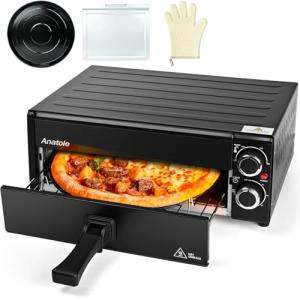 Anatole Electric Pizza Oven 12" 1800W Indoor Countertop Pizza Maker Time Temperature Adjustable Multifunctional Pizza Cooker with Removable Grill Crumb Tray ETL Certified