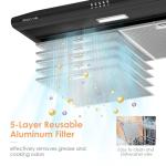 SOONYE 30 inch Black Under Cabinet Range Hood, Stainless Steel Slim Kitchen Vent Hood Ducted/Ductless Convertible with 3 Speed Controls, 5-Layer Aluminum Filters,LED Lights