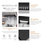 SOONYE 30 inch Black Under Cabinet Range Hood, Stainless Steel Slim Kitchen Vent Hood Ducted/Ductless Convertible with 3 Speed Controls, 5-Layer Aluminum Filters,LED Lights