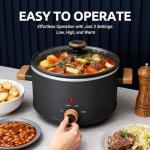 LoftyChef 3QT Slow Cooker with Aluminum Inner Pot, 3 Temperature Settings, Dishwasher-Safe Removable Pot & Glass Lid, Wood-Grain Handle Design, Compact Electric Cooker for Home Meals, Black