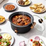 LoftyChef 3QT Slow Cooker with Aluminum Inner Pot, 3 Temperature Settings, Dishwasher-Safe Removable Pot & Glass Lid, Wood-Grain Handle Design, Compact Electric Cooker for Home Meals, Black