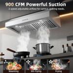 Tiesay 30 Inch Under Cabinet Range Hood 900 CFM with Ductless Convertible Duct Kitchen Hoods, 3-Speed Adjustable, Dishwasher Safe Baffle Filters, LED Lights, Stainless Steel, Button Control