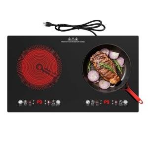 Electric Cooktop, 24 Inch 2 Burner Cooktop 110V, Built-in and Countertop Stove Top Plug in, 2400W Electric Stove, Compatible for All Cookware,Timer & Kid Safety Lock
