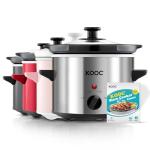 KOOC Small Slow Cooker, 2 Quart, Free Liners Included for Easy Clean-up, Upgraded Ceramic Crock, Adjustable Temp, Nutrient Loss Reduction, Stainless Steel, Silver, Round