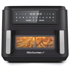 Elite Gourmet EAF1055D Dual Zone Air Fryer Oven, 11QT. Capacity with Divider 2 Independent Cook Zones, Dishwasher Safe Basket, 10 Preset Functions, 1600-Watts, with Recipe Booklet, Black