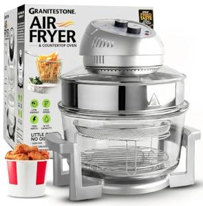 Big Boss 16Qt Large Glass Air Fryer Non Toxic – Family Sized Large Halogen Oven Cooker with 3 Cooking Sections, Stainless Steel Racks, French Fries, Chicken, No Preheat, Self Cleaning, Dishwasher Safe