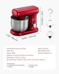 VEVOR Stand Mixer, 3 QT Electric Kitchen Mixer, 300W Dough-Mixer, 10 Speeds Tilt-head Food-Mixer with Stainless Steel Bowl, Dough Hook, Whisk, Beater, for Baking, Mixing, Whipping & Kneading, Red