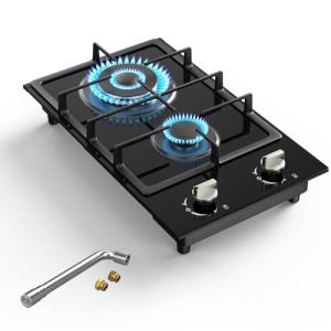 Gas Stove 2 Burner Propane Cooktop 12 inch, Nafewin Tempered Glass Portable Gas Cooktop Stove Burner with Thermocouple Protection, Lpg/Ng Dual Fuel Built-in Hob for Apartments, Outdoor, Rvs