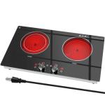 Zarbaco 2 Burner Electric Cooktop 24 Inch, 120V Electric Stove Top with Countertop & Built-in Design, 1800W Knob Control Radiant Ceramic Cooktop with Safety Lock, 9 Level Power, 99 Min Timer - Plug in