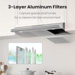 FIREGAS Under Cabinet Range Hood 36 inch with Ducted/Ductless Convertible, Slim Kitchen Stove Vent Hood, LED Light, 3 Speed Exhaust Fan, Reusable Aluminum Filter, Push Button,Charcoal Filter