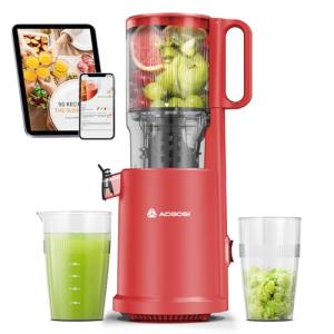 Cold Press Juicer, Aobosi Juicer Machine,Slow Masticating Juicers Machines with Reverse Function, Quiet Motor, High Juice Yield with Juice Jug & Brush for Cleaning (Red)