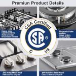 Amzgachfktch Gas Cooktop 30 Inch with 5 Italy SABAF Powerful Burners, Max 48,300 BTU/hr Gas Stove Top, Built-in 304 Stainless Steel Propane Stove, NG/LPG Convertible, CSA Certified