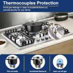 Amzgachfktch Gas Cooktop 30 Inch with 5 Italy SABAF Powerful Burners, Max 48,300 BTU/hr Gas Stove Top, Built-in 304 Stainless Steel Propane Stove, NG/LPG Convertible, CSA Certified