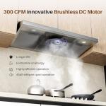 FIREGAS 36 Inch Under Cabinet Range Hood, Ducted/Ductless Convertible Kitchen Vent Hood with 3-Speed Exhaust Fan, 300 CFM, LED Lights, Stainless Steel Stove Hood for Kitchen
