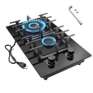 Nafewin 2 Burner Gas Stove Propane Cooktop, Tempered Glass Gas Cooktop 12 inch Stainless Steel Gas Burner with Thermocouple Protection, Lpg/Ng Dual Fuel Built-in Gas Stove Top for Apartments, Rvs
