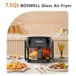 BOSWELL Glass Air Fryer, 7.5QT with Transparent Fry Bowl, Circulating Heating, Temperature Control, Air Fryer Roast, Dishwasher Safe