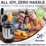 Eurolux Premium Electric Orange Juicer | Stainless Steel Citrus Squeezer With New Ultra-Powerful Motor and Soft Grip Handle for Effortless Juicing, Auto Shutoff, Dishwasher-safe Parts, Pulp Control