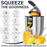 Eurolux Premium Electric Orange Juicer | Stainless Steel Citrus Squeezer With New Ultra-Powerful Motor and Soft Grip Handle for Effortless Juicing, Auto Shutoff, Dishwasher-safe Parts, Pulp Control