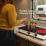 OVENTE Infrared Ceramic Double Burner, 1800W Electric Countertop Hot Plate with Black Crystalline Glass, Portable Stainless Steel Cooktop for Home, Office, or Dorm Use, Black BGI302GB