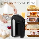 5-Speed Electric Hand Mixer, 800W Handheld Mixer with Turbo for Baking & Cooking, Kitchen Food Mixer with Storage Case & 6 Stainless Steel Attachments (2 Beaters, 2 Dough Hooks, 2 Whisks)-Black